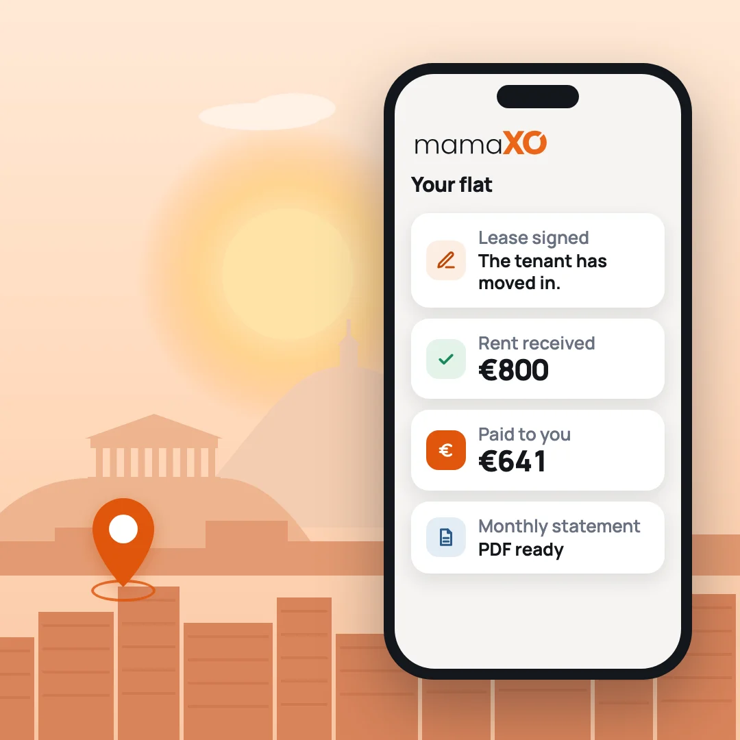 Athens at sunset with one flat marked, and the owner's phone: the lease is signed, the rent arrives, and the money and a monthly statement reach the owner.